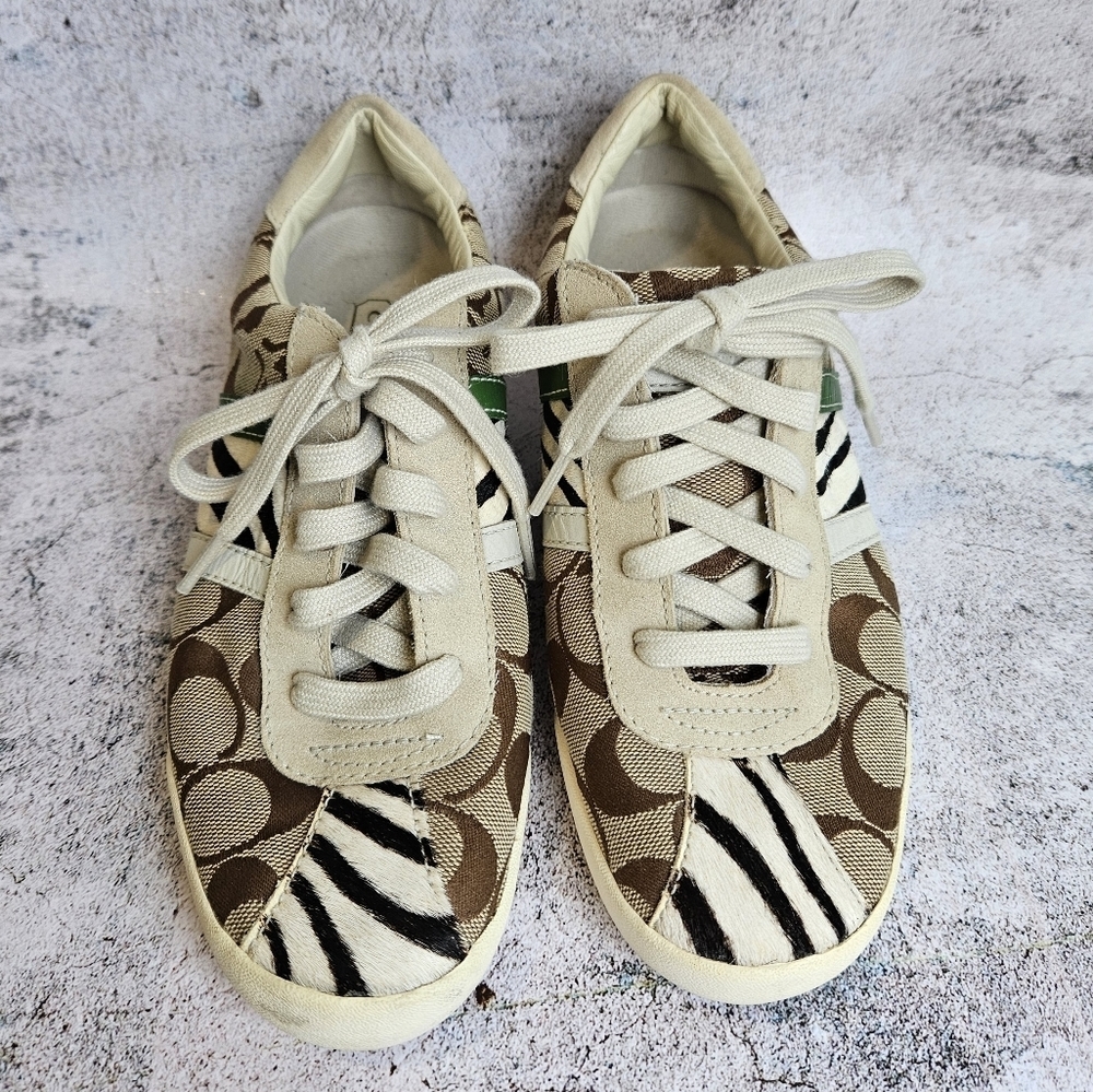 Coach Women's Tennis Shoes Sneakers Pony Hair Zebra Suede Leather Size 6